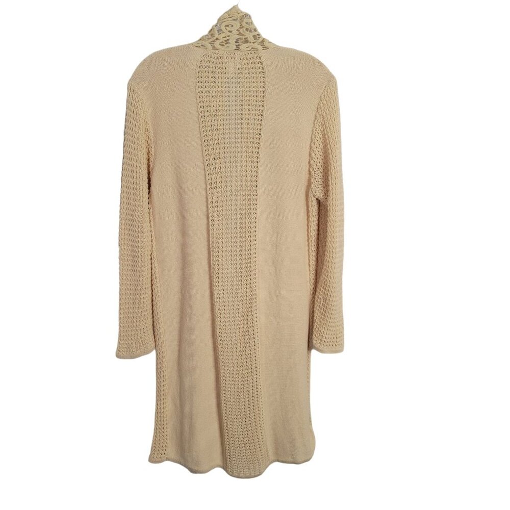 Chico's 2 Size L Cardigan Open Leslie Lace Front Long Jacket Cotton Blend Beige - Picture 3 of 10